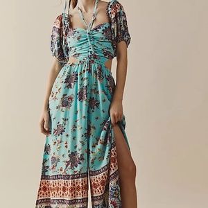 Free People Bali Citrus Skies Paisley Print Halter Neck Puff Sleeve Jumpsuit M